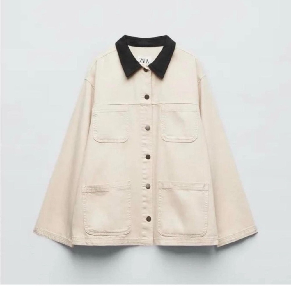 ZARA Lightweight Chore coat Shirt Jacket White with Contrast Black Collar XS
